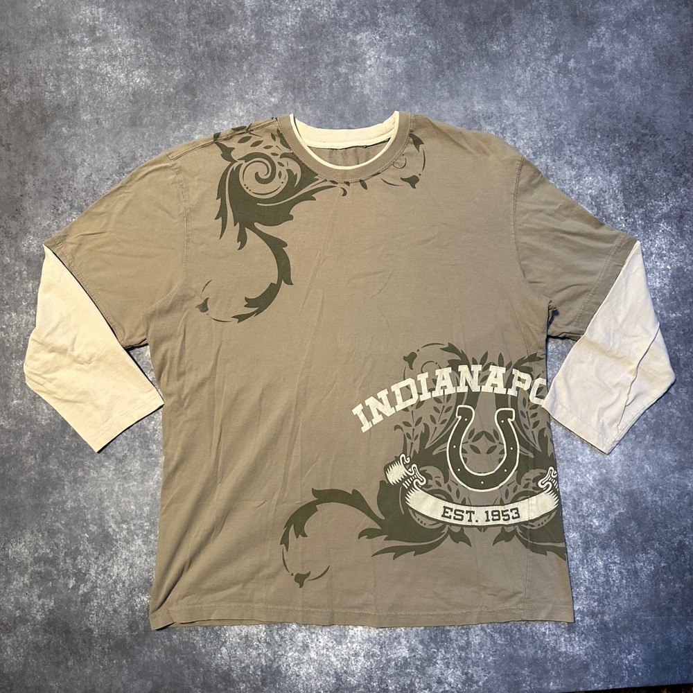 Y2K NFL Indianapolis Colts Double Sleeve‎ Graphic T Shirt Men's XXL Tan Green